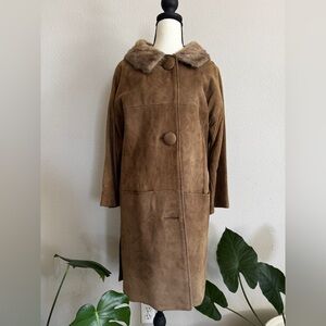Vintage Suede Real Fur Collar Coat Brown Womens Size M Retro Outerwear 60-70’